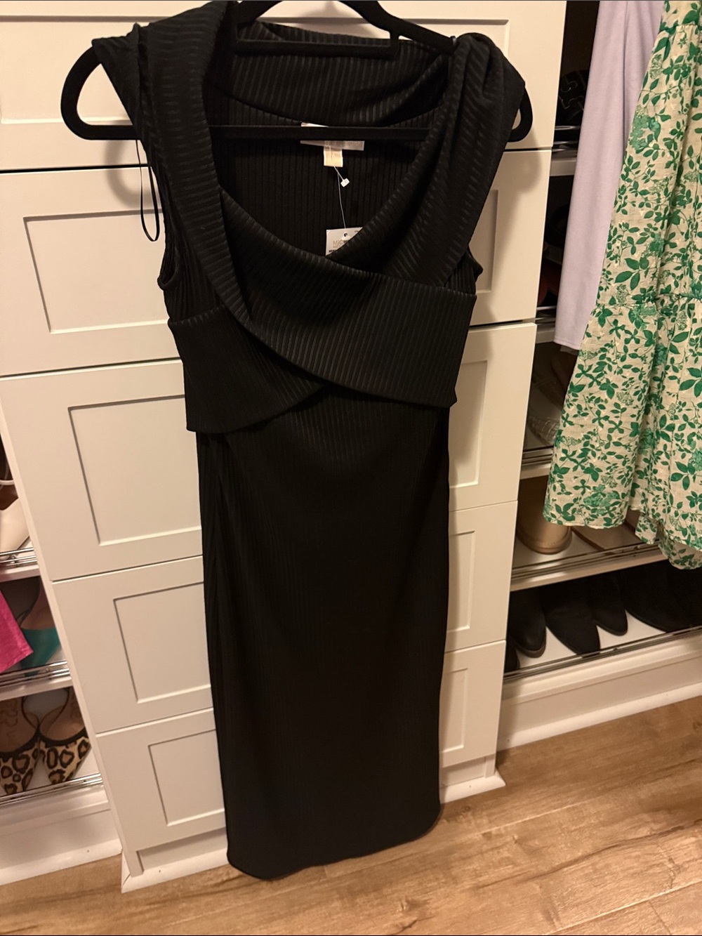 Michael Kors Black Sleeveless Ribbed Midi Dress with Draped Cowl